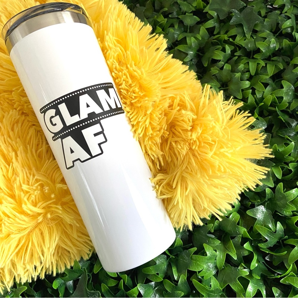 GlamAF white tumbler. Insulated and vacuum sealed. Comes with stainless straw.